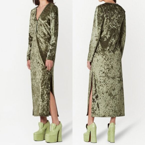 Marc Jacobs Green Velvet Henley Maxi Slip Dress Polyester Long Sleeves 0 XS NEW - Picture 2 of 8